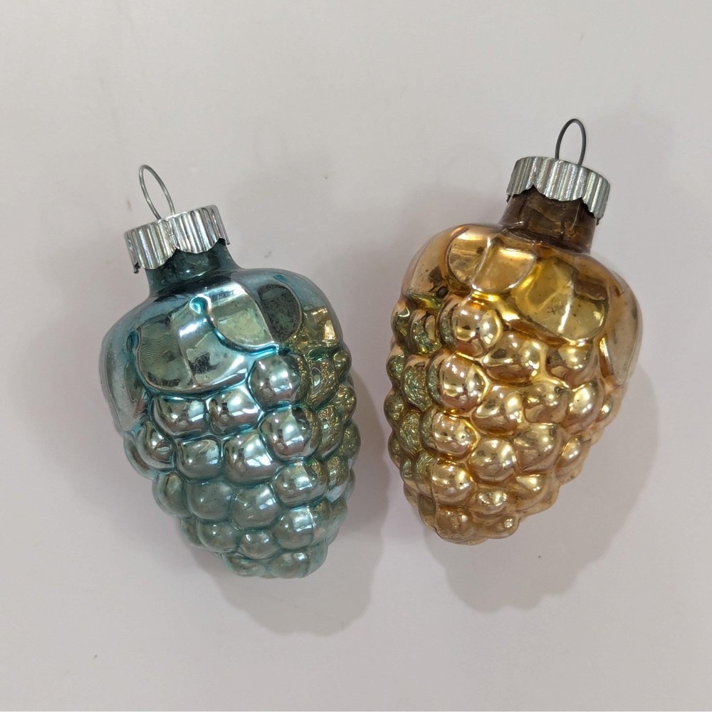 Vtg MCM Christmas Ornament Shiny Brite Glass Grape Cluster Blue/Green Gold Set 2